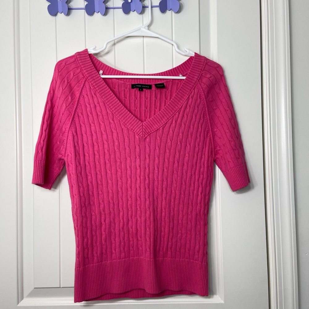 EUC Jeanne Pierre women’s bright pink 1/4 sleeve cable knit v-neck sweater top S